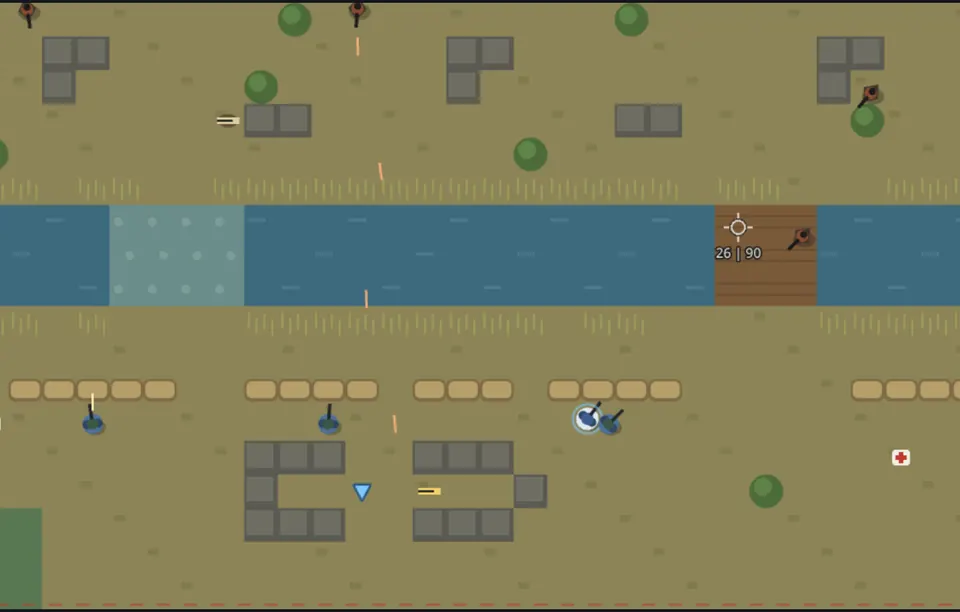 Hard Ground: Far Bank gameplay: a top-down river crossing, your squad behind sandbags on the near bank