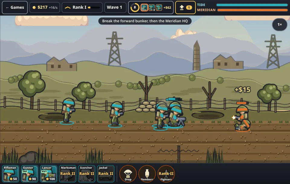 Hard Ground: Breakthrough gameplay: a line of riflemen advances across a muddy battlefield